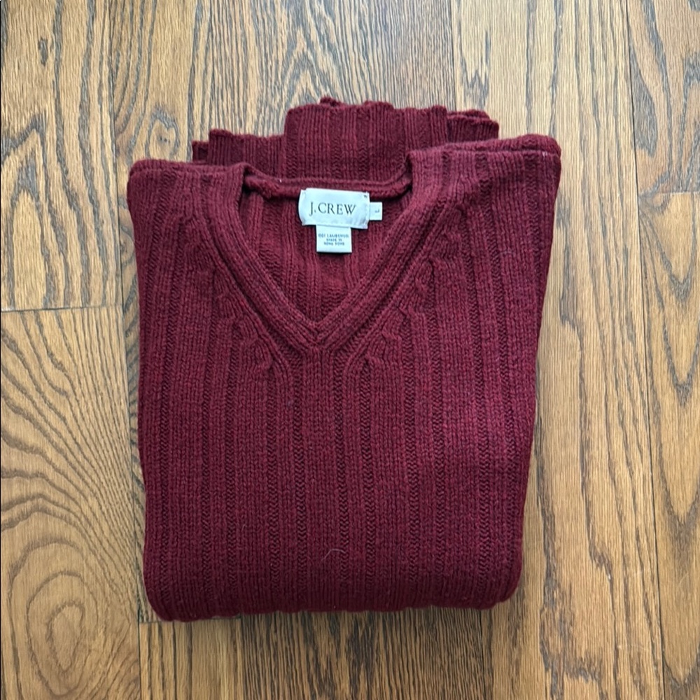 J. Crew Red V-Neck LambswoolSweater Cable-Knit